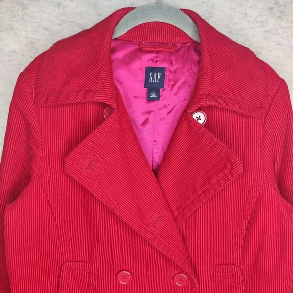 Women’s Vibrant Red Corduroy Double Breasted Jacket Sz L Insulated Lining Coat - Picture 11 of 16